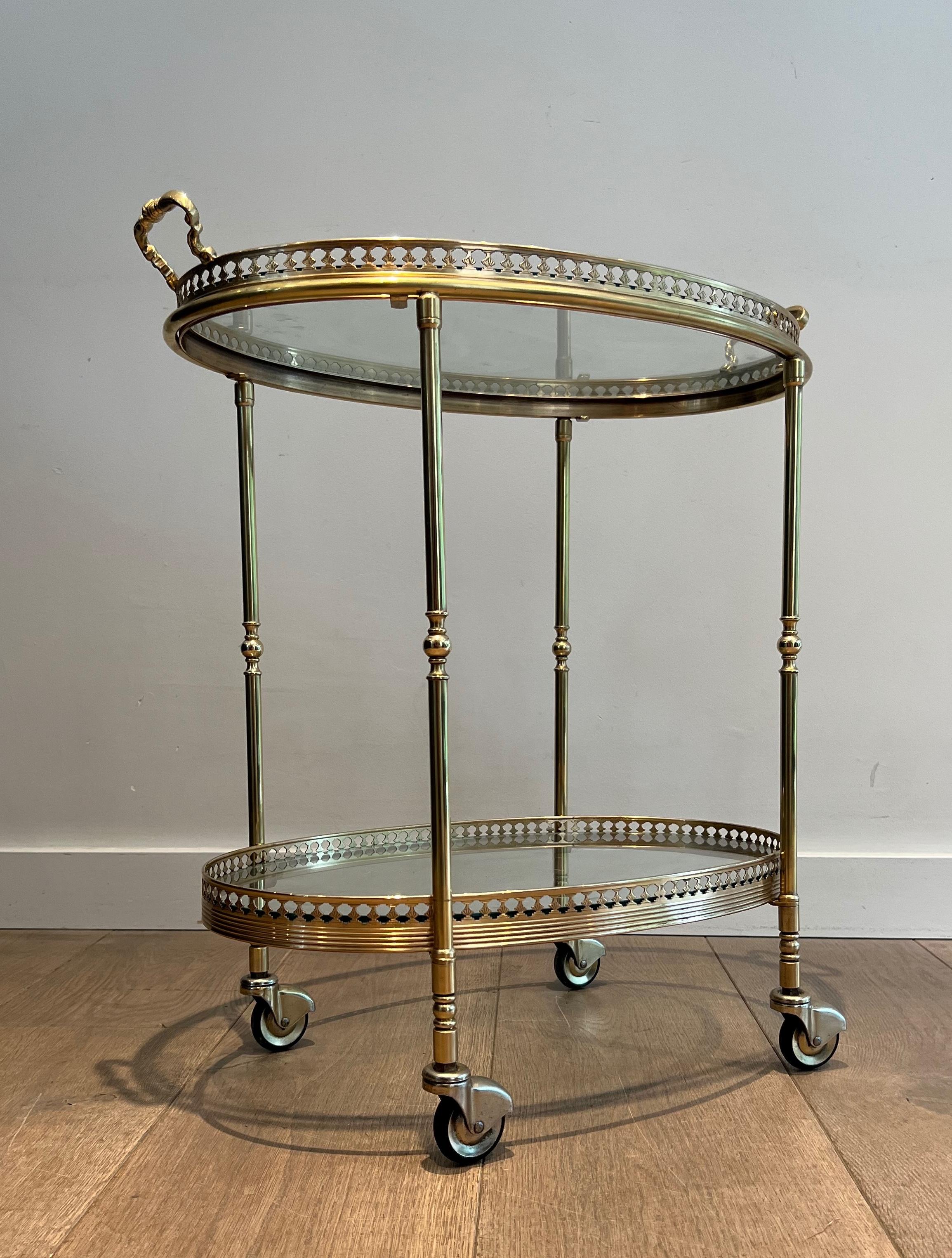 Oval Neoclassical Style Brass Bar Cart Attributed to Maison Jansen 13