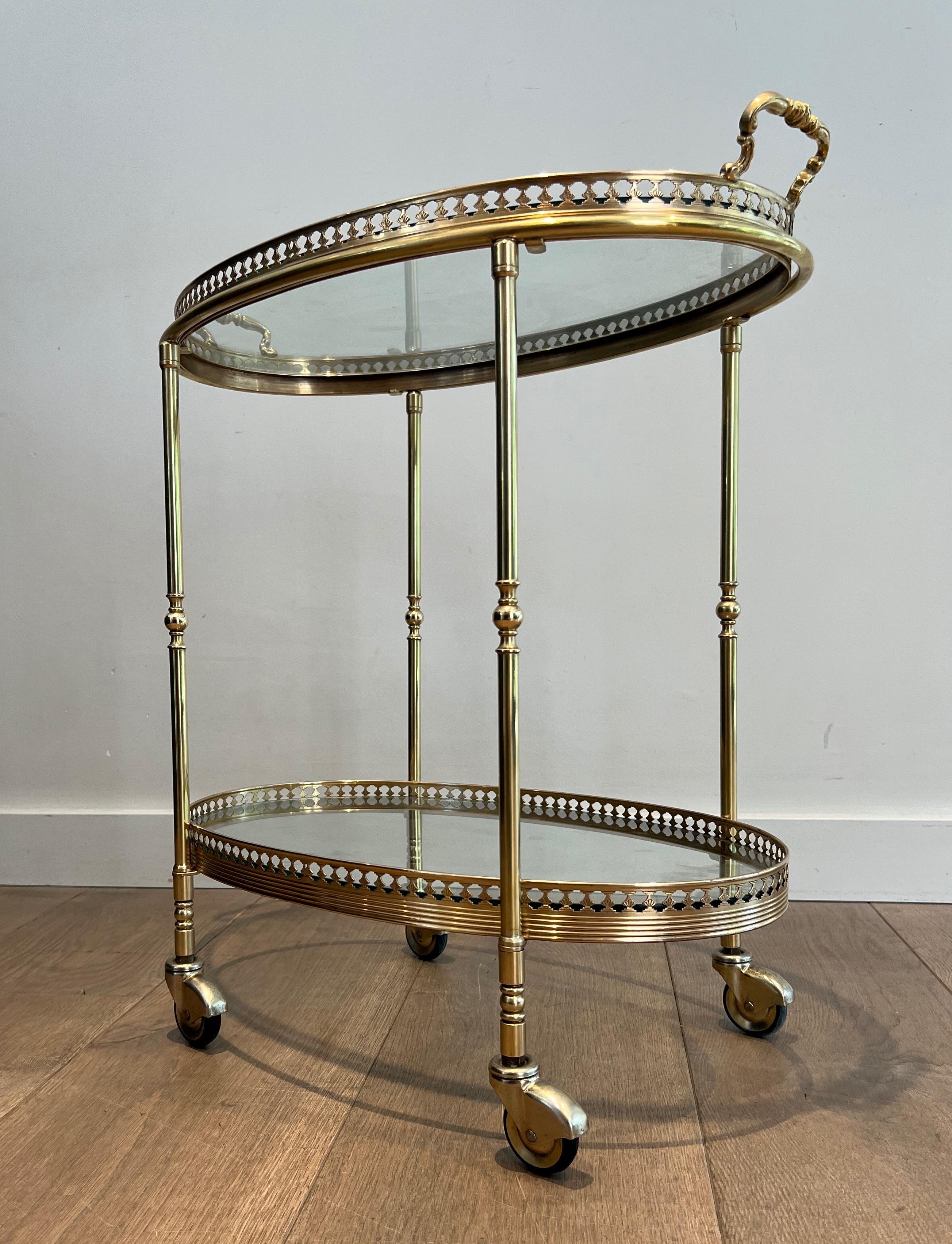 Oval Neoclassical Style Brass Bar Cart Attributed to Maison Jansen 14