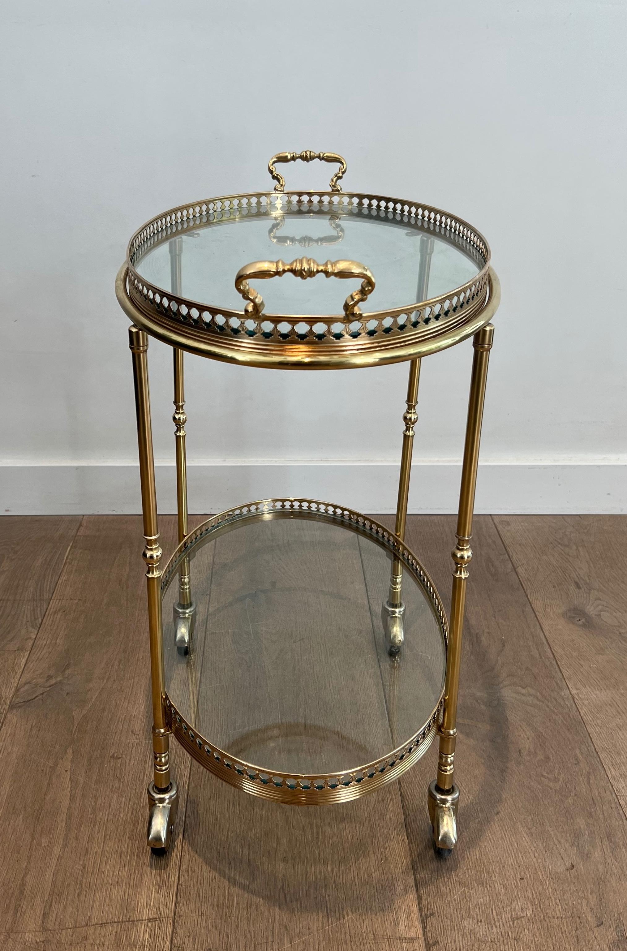 Oval Neoclassical Style Brass Bar Cart Attributed to Maison Jansen 15