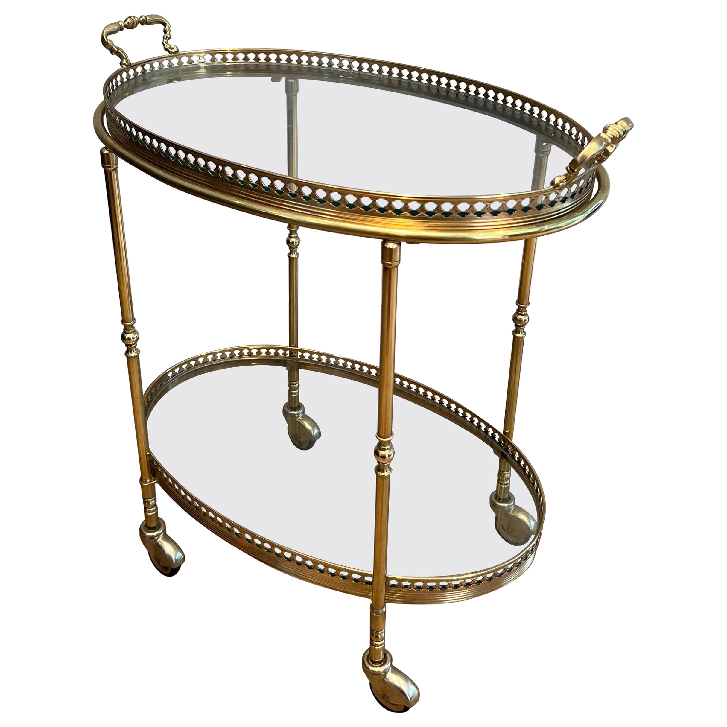 Oval Neoclassical Style Brass Bar Cart Attributed to Maison Jansen
