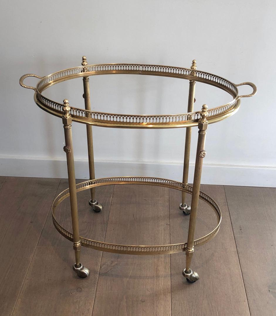 Oval Neoclassical Style Brass Bar Carts, Maison Jansen Circa 1940 For Sale 4