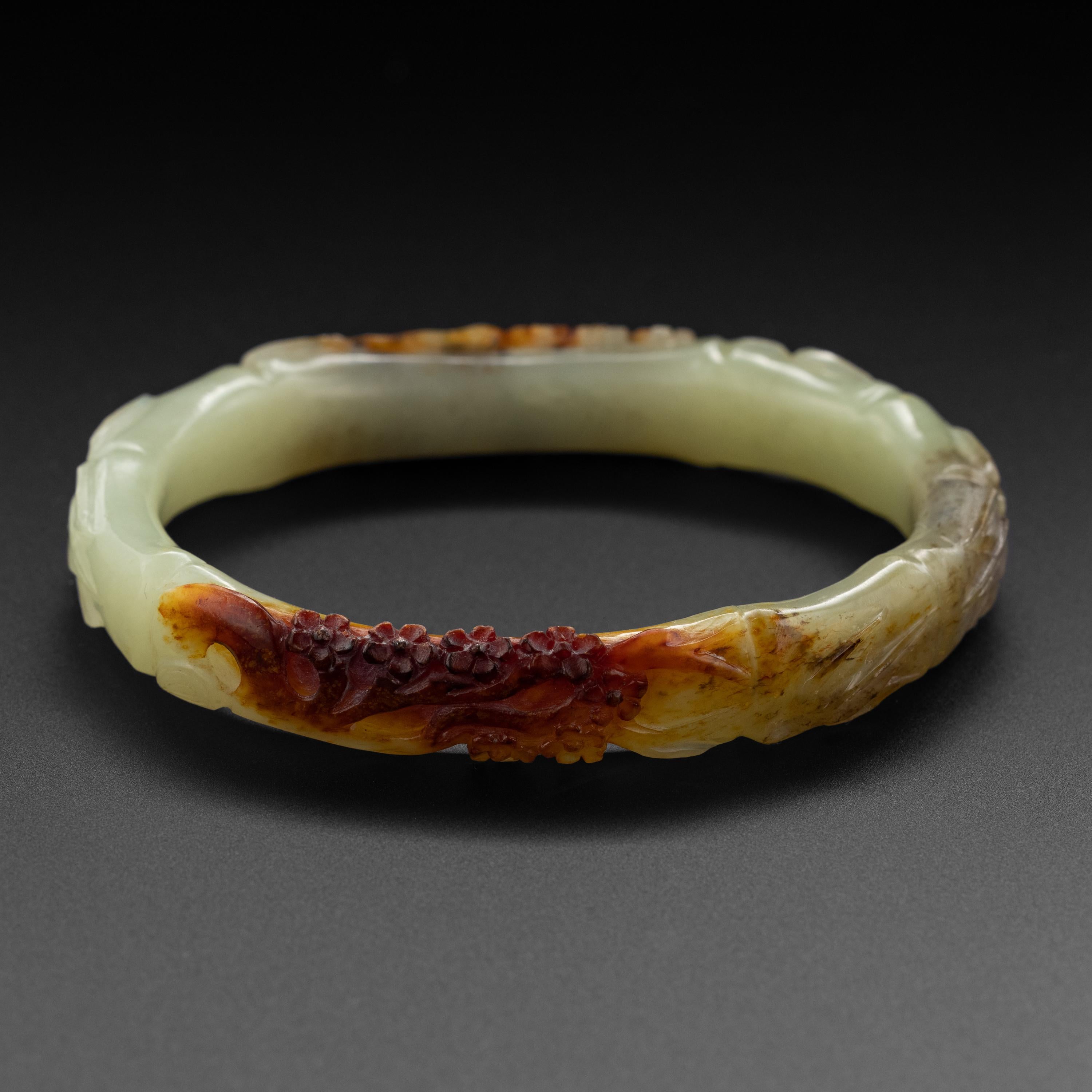 Artisan Hetian Jade Bangle with Rind, Hand Carved, Unique Oval, Certified Untreated