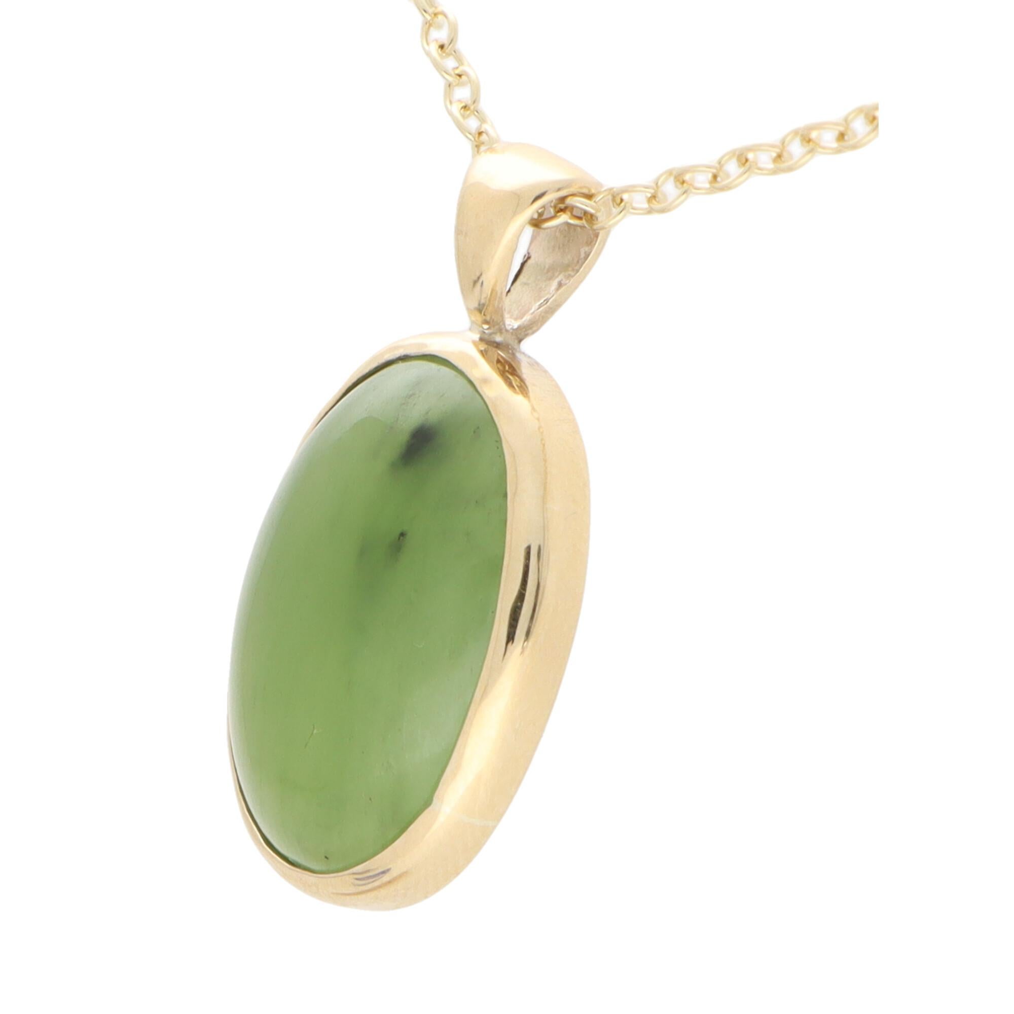Modern Oval Nephrite Pendant Necklace Set in 9k Yellow Gold