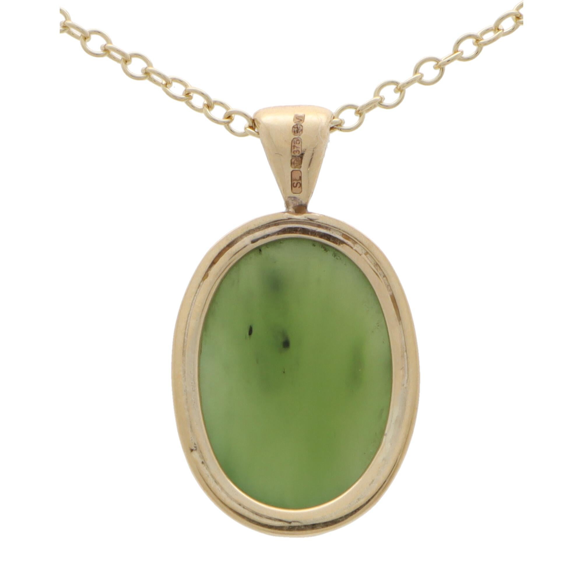 Cabochon Oval Nephrite Pendant Necklace Set in 9k Yellow Gold