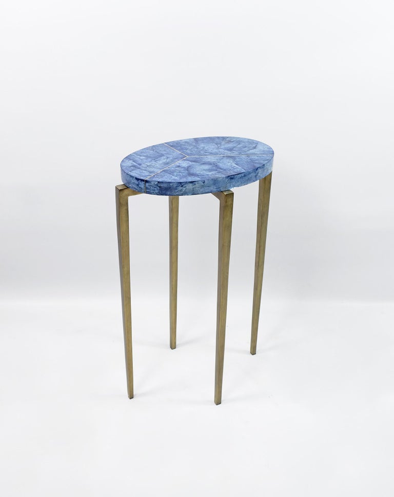 Oval Nesting Tables in Blue Marquetry and Old Brass Patina by Ginger