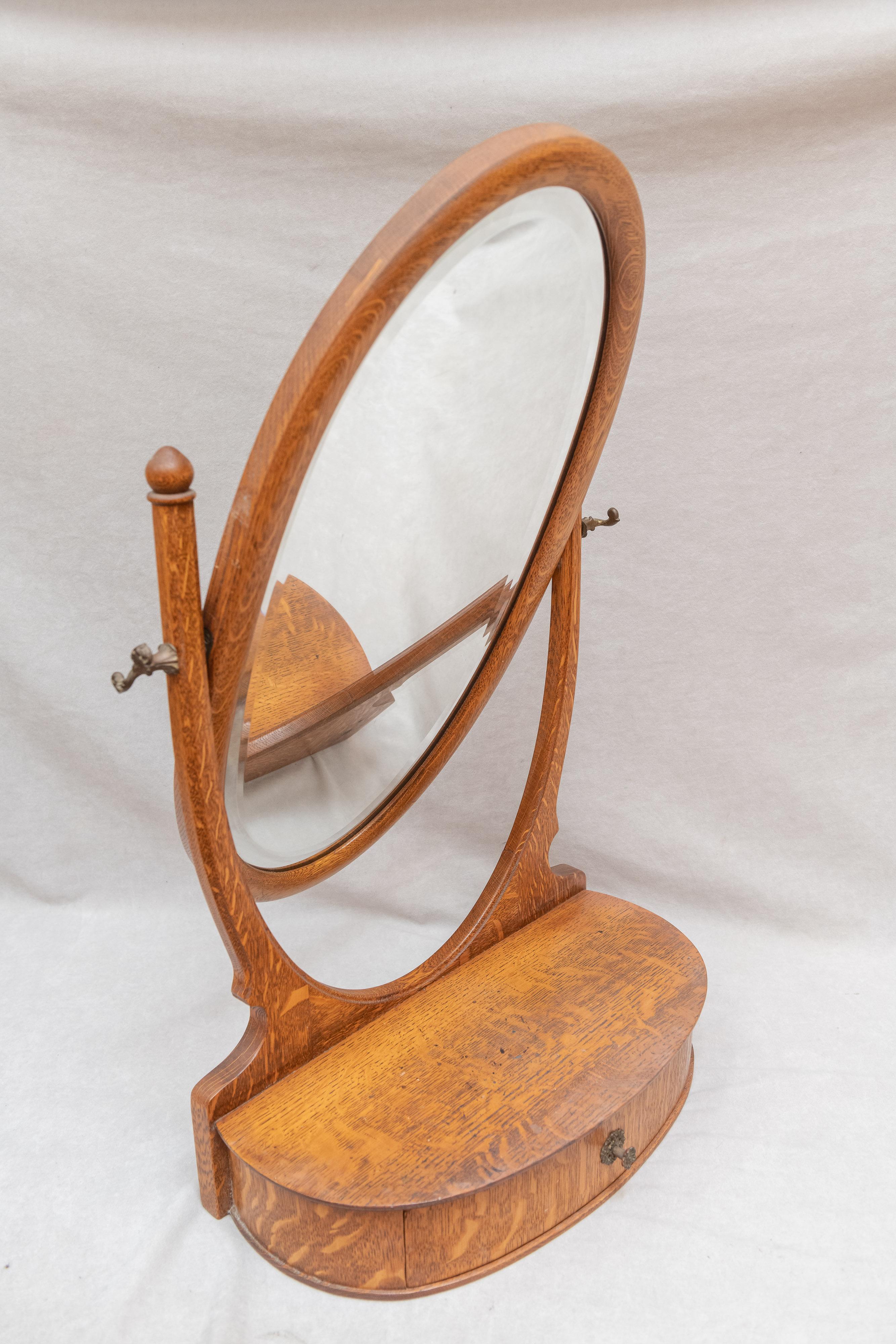 Brass Oval Oak Beveled Mirror on Stand, circa 1900