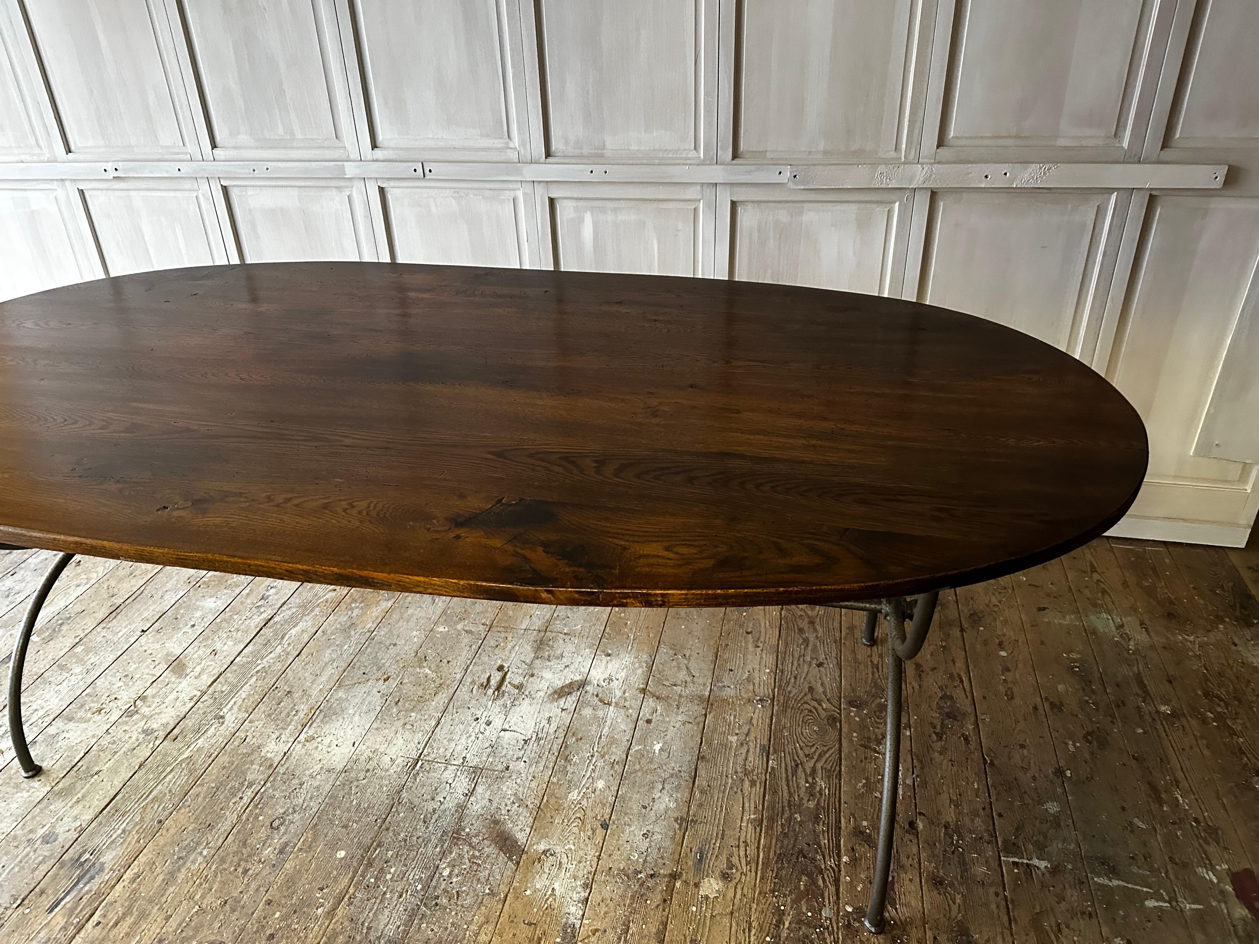 Oval Oak Top With Metal Base Dining Table Base In Excellent Condition For Sale In Sheffield, MA
