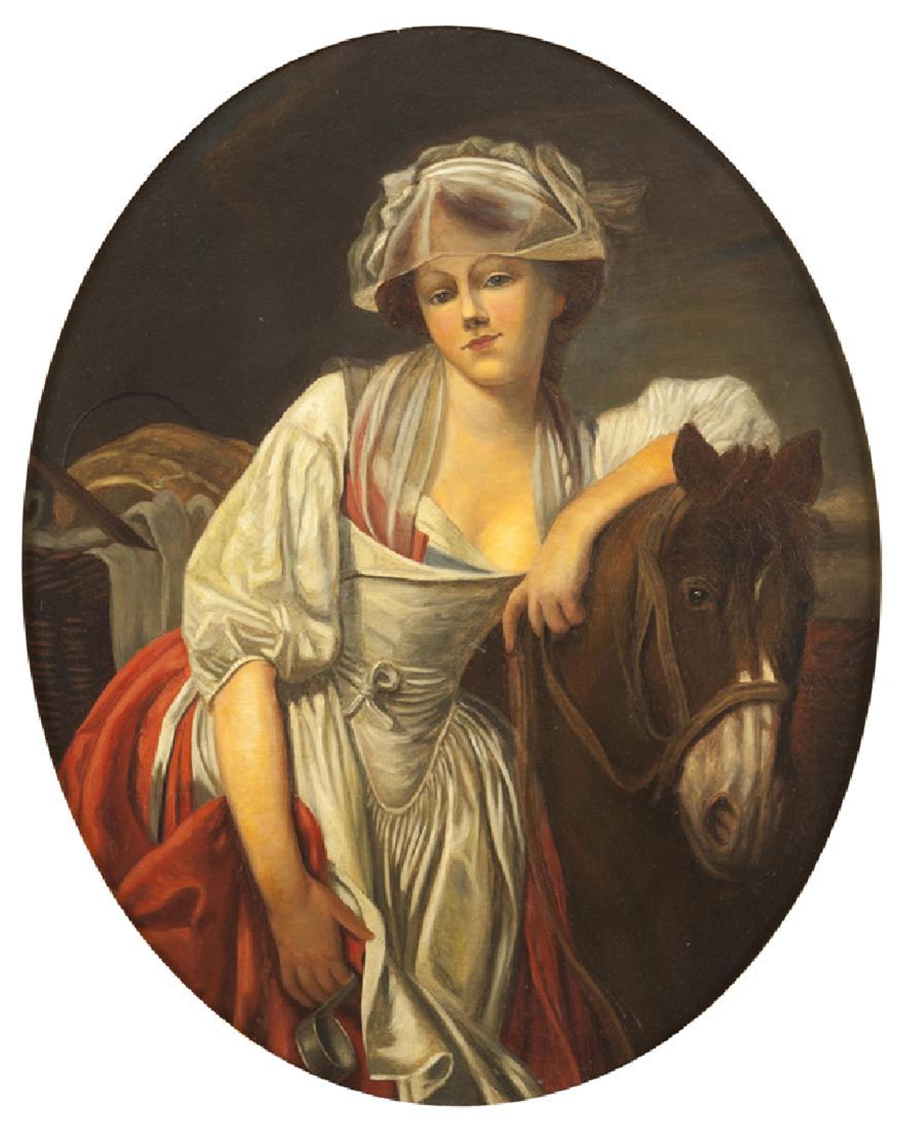 Impressive Continental oval oil on canvas painting of a woman with horse, 19th century.
The beautiful and intricate giltwood frame is surmounted by a floral basket flanked by fruiting and ribbon inspired branches, over an oval gilt frame trimmed