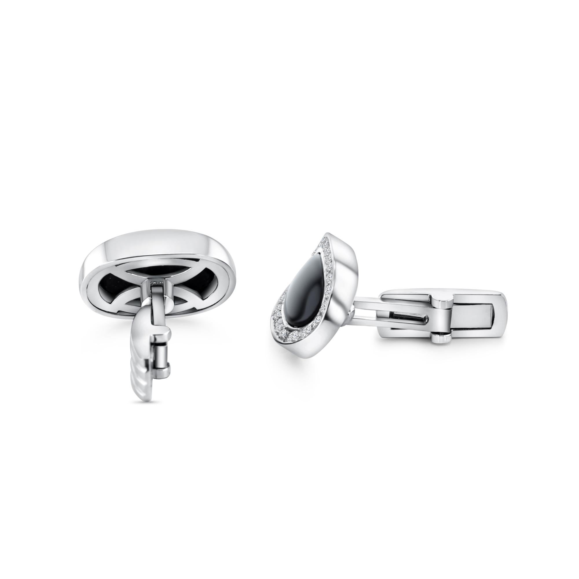 Oval Onyx Diamond Halo Cuff Links 14k White Gold

Unleash the charm of our Oval Onyx Diamond Halo Cuff Links, elegantly designed in 14k White Gold. These cuff links showcase a mesmerizing oval-shaped Onyx gemstone surrounded by a an array of