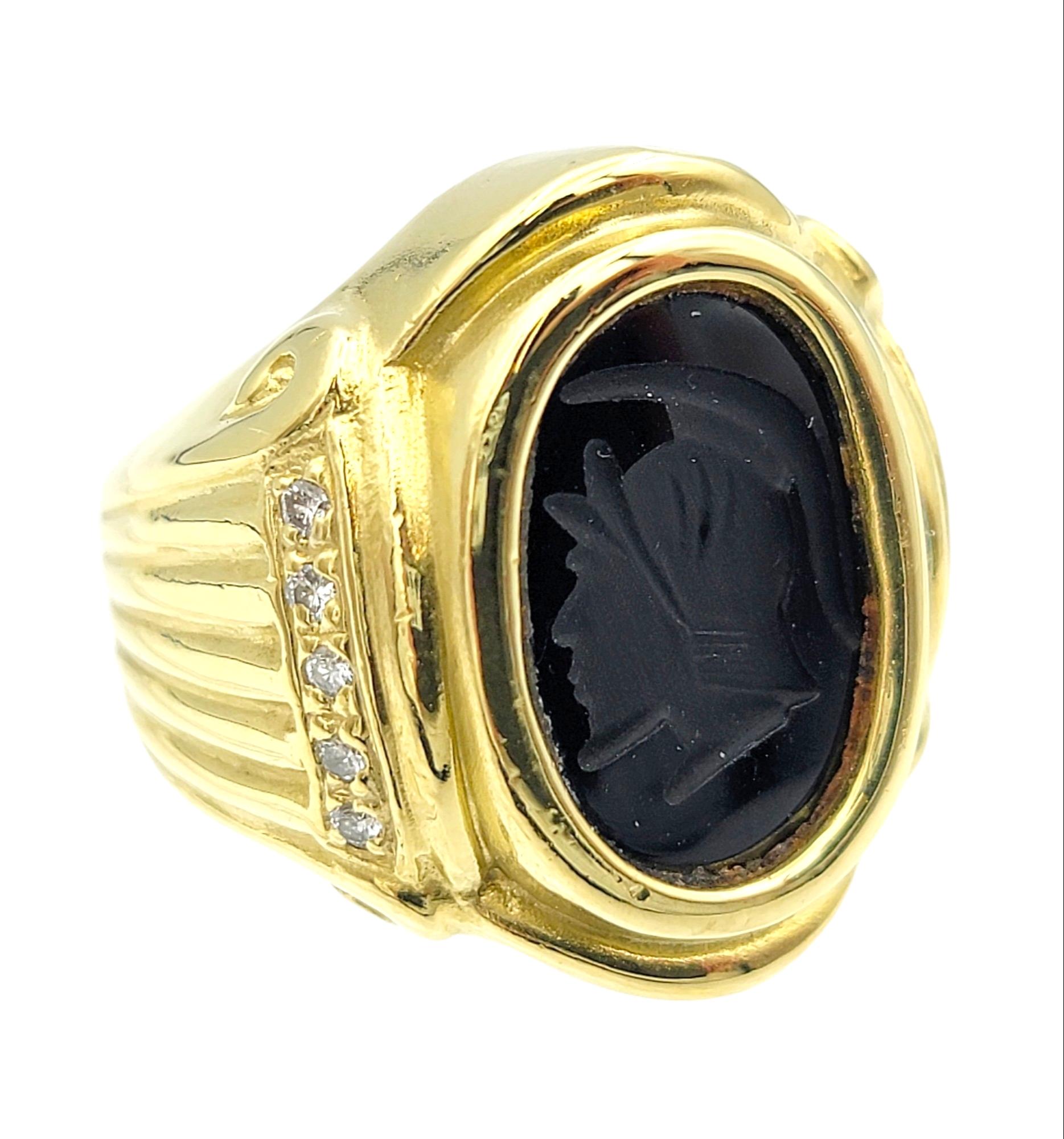Contemporary Oval Onyx Intaglio Cocktail Ring with Diamond Accents in 18 Karat Yellow Gold  For Sale