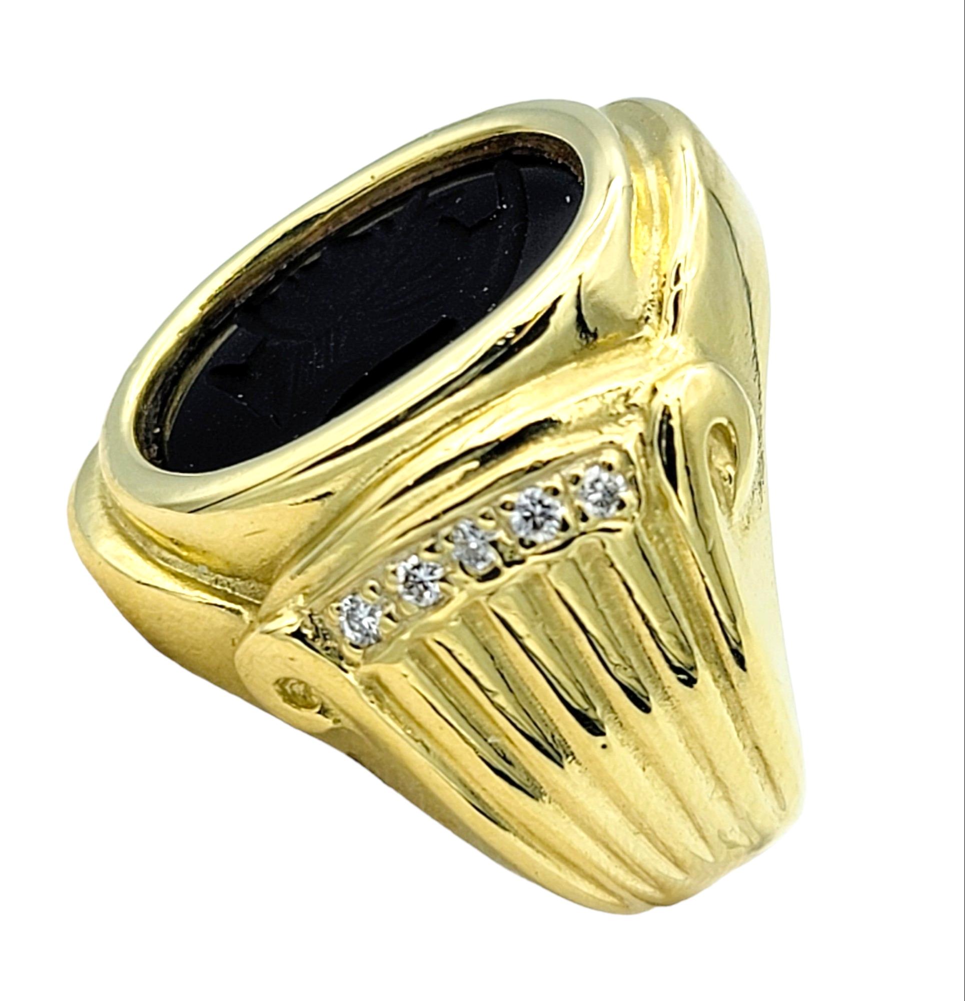 Oval Cut Oval Onyx Intaglio Cocktail Ring with Diamond Accents in 18 Karat Yellow Gold  For Sale