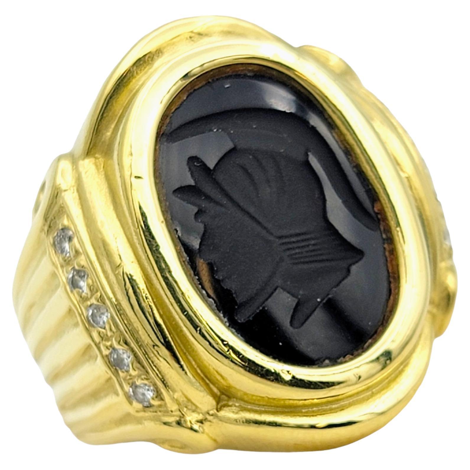 Oval Onyx Intaglio Cocktail Ring with Diamond Accents in 18 Karat Yellow Gold  For Sale