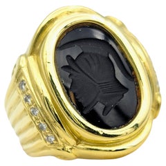 Vintage Oval Onyx Intaglio Cocktail Ring with Diamond Accents in 18 Karat Yellow Gold 