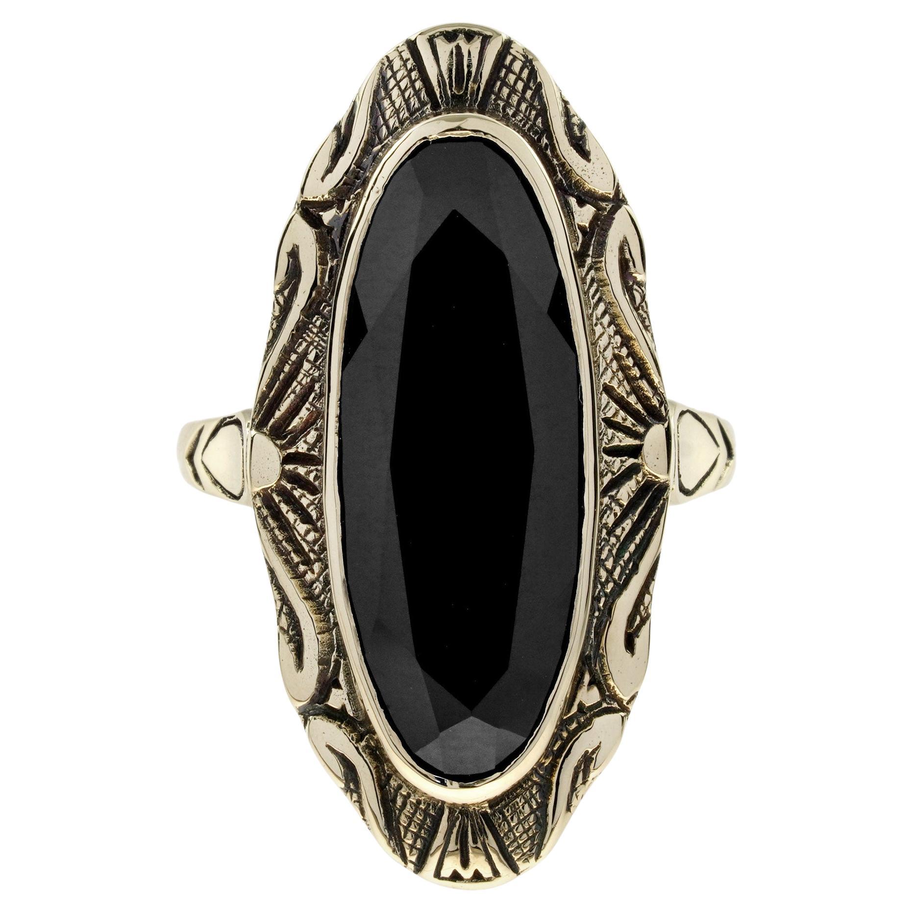 Anello da cocktail con onice ovale in stile vintage in oro giallo 14k