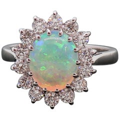Oval Opal and Diamond Claw Set Cluster Ring 18 Karat White Gold
