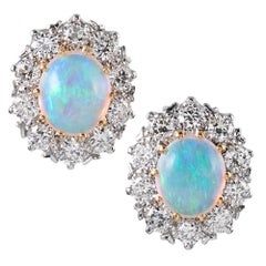 Oval Opal and Diamond Cluster Stud Earrings
