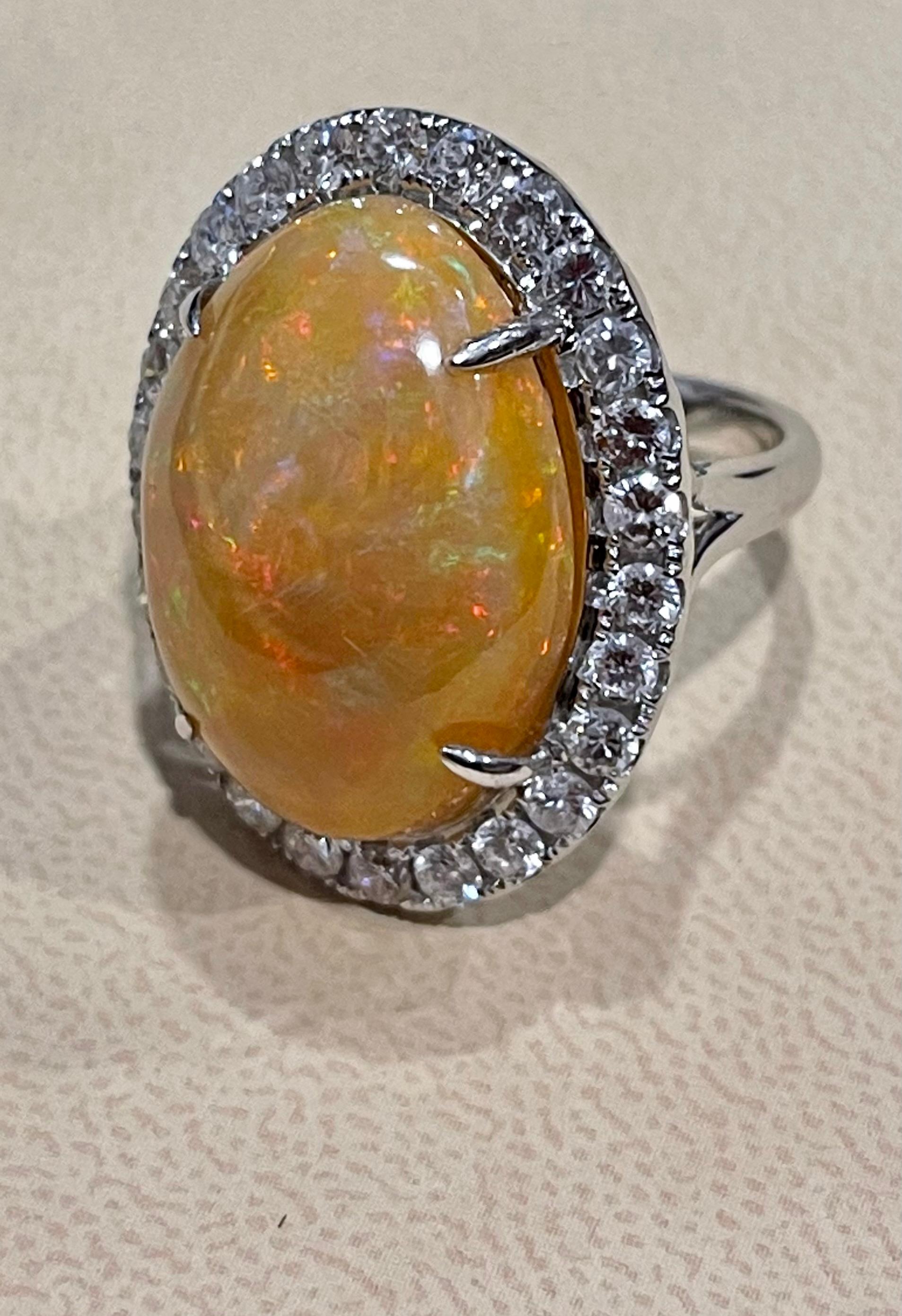 Oval Opal and Diamond Cocktail Ring 18 Karat White Gold, Estate Size 7 For Sale 7