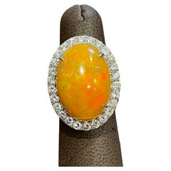 Oval Opal and Diamond Cocktail Ring 18 Karat White Gold, Estate Size 7