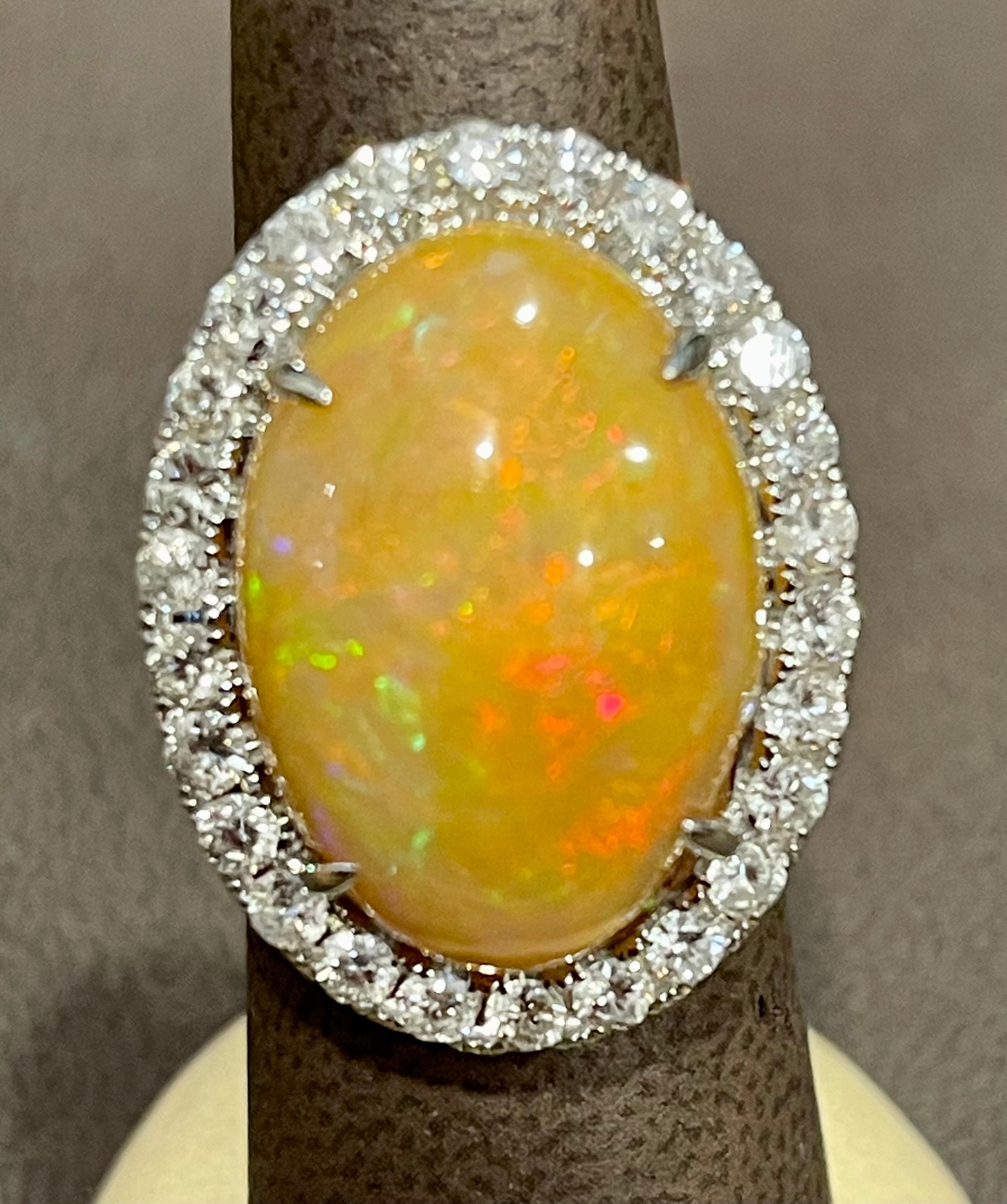 Oval Cut Oval Opal and Diamond Cocktail Ring 18 Karat White Gold, Estate Size 7 For Sale