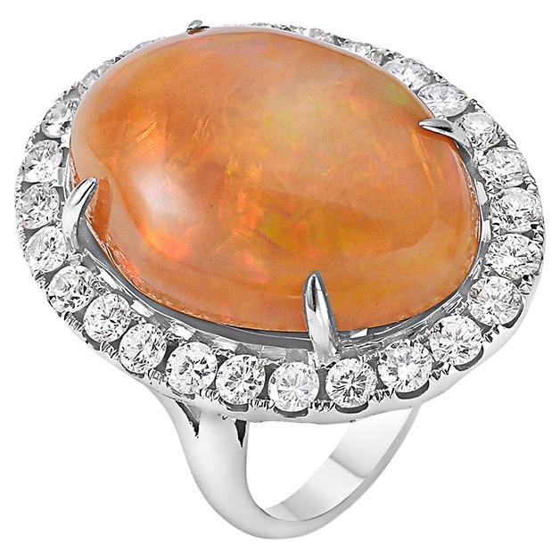 Oval Opal and Diamond Cocktail Ring 18 Karat White Gold, Estate Size 7 In Excellent Condition For Sale In New York, NY