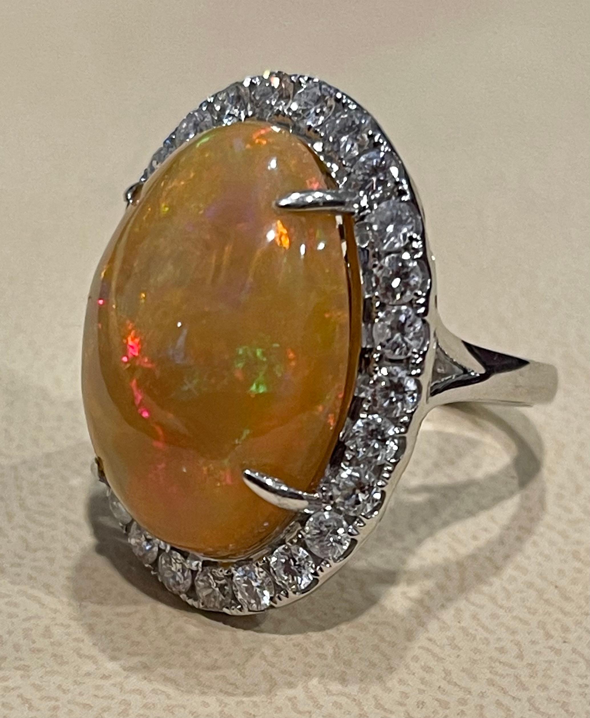 Women's Oval Opal and Diamond Cocktail Ring 18 Karat White Gold, Estate Size 7 For Sale