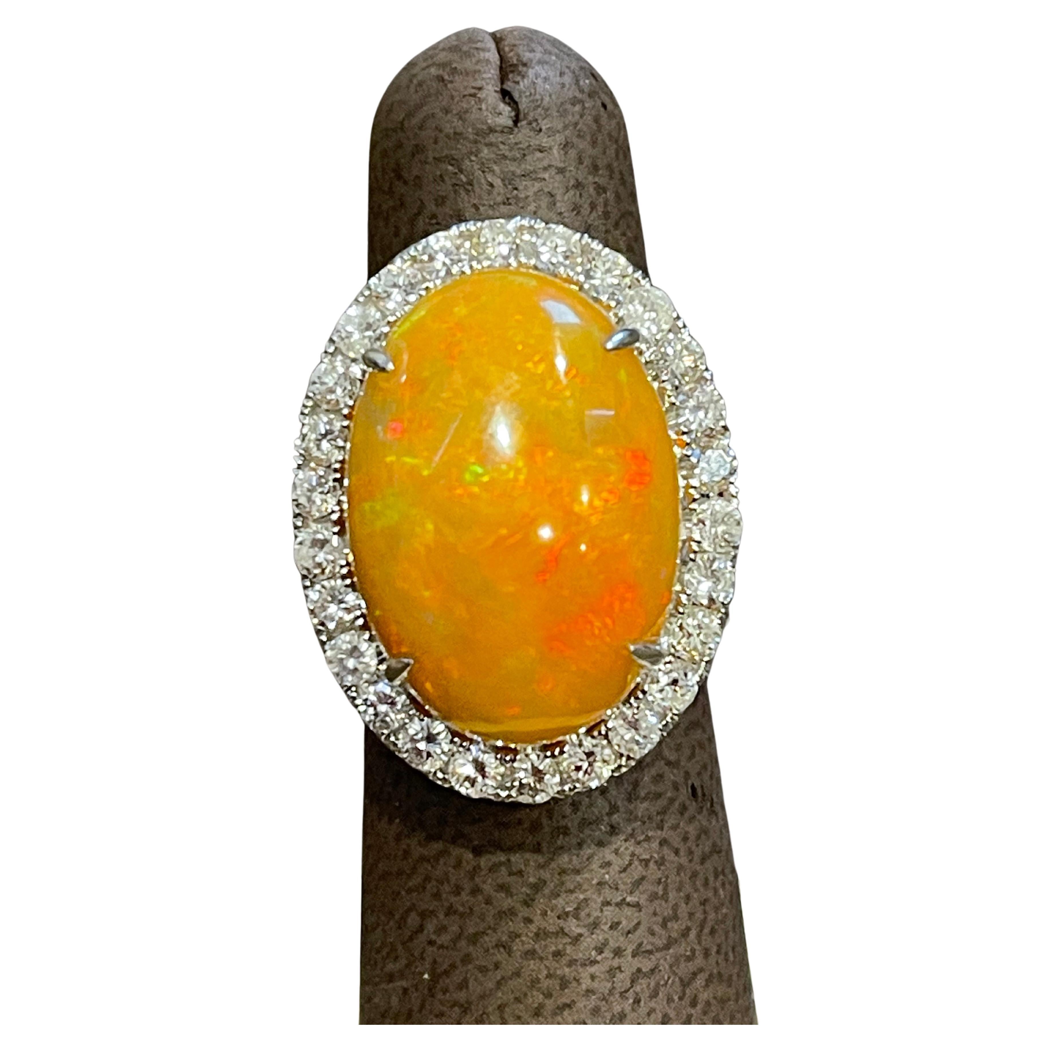 Oval Opal and Diamond Cocktail Ring 18 Karat White Gold, Estate Size 7 For Sale 1