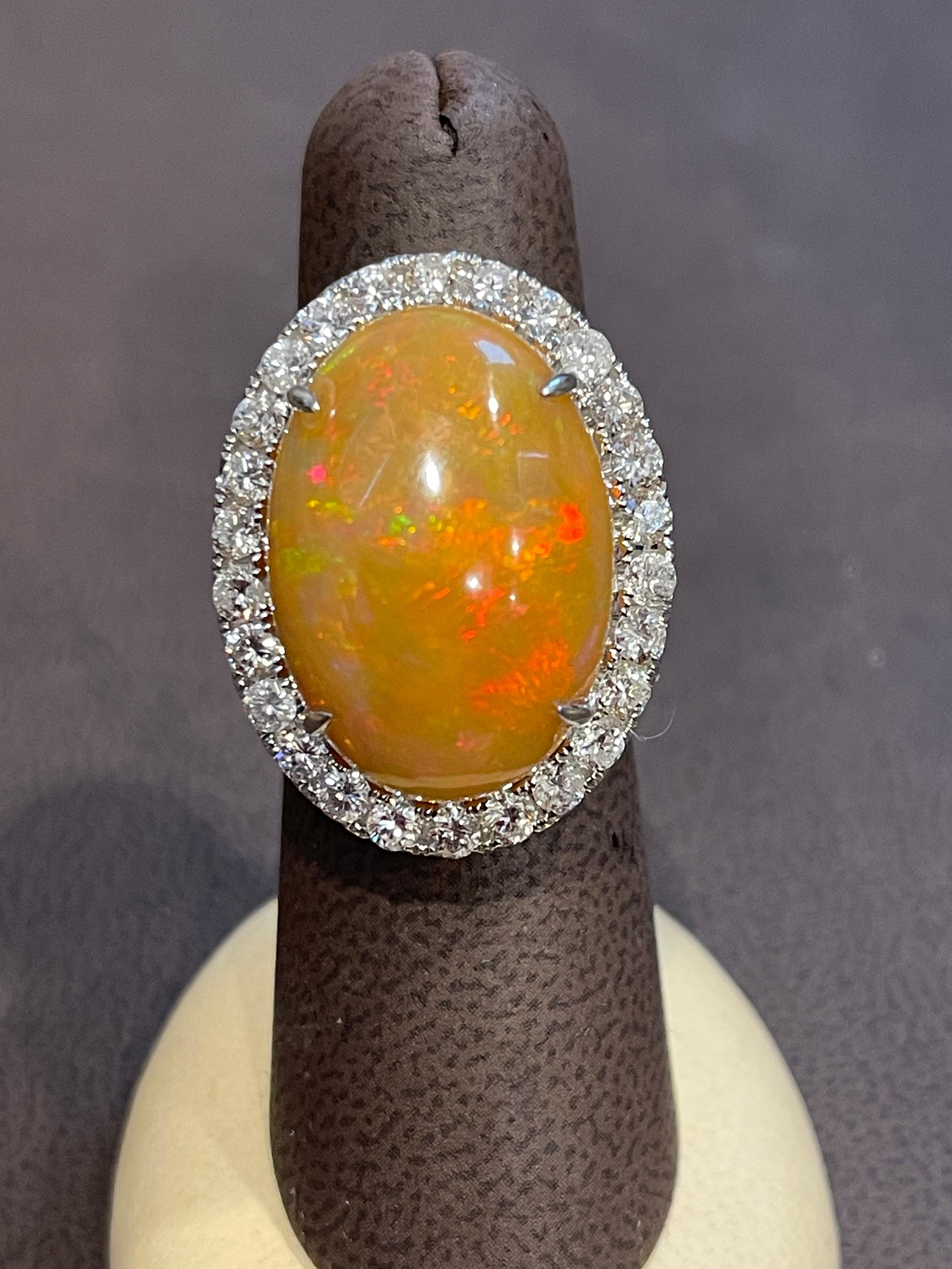 Oval Opal and Diamond Cocktail Ring 18 Karat White Gold, Estate Size 7 For Sale 2