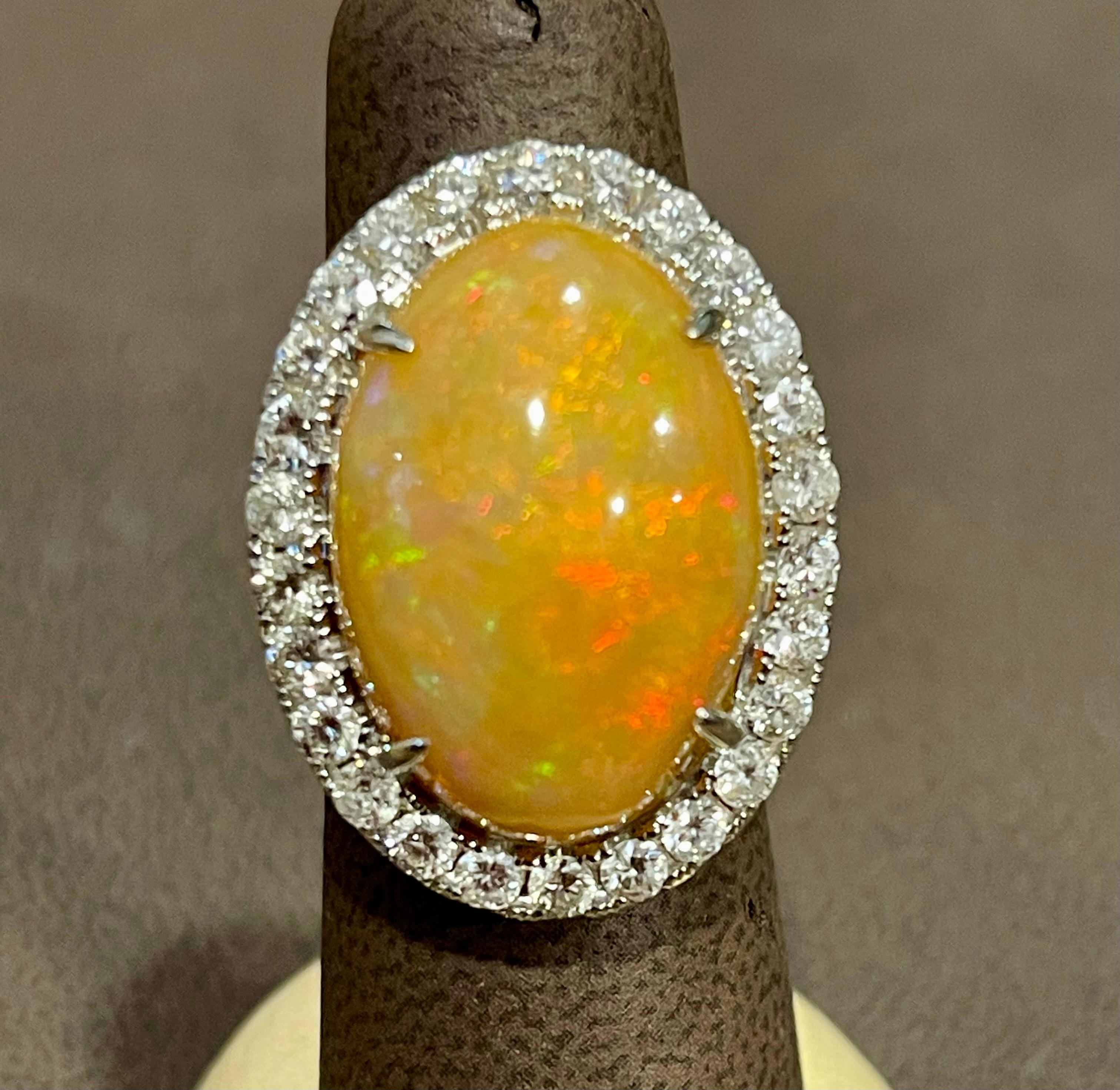 Oval Opal and Diamond Cocktail Ring 18 Karat White Gold, Estate Size 7 For Sale 4