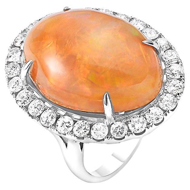 Oval Opal and Diamond Cocktail Ring 18 Karat White Gold, Estate Size 7 For Sale