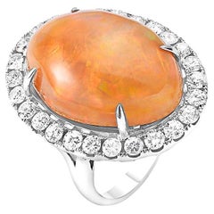 Oval Opal and Diamond Cocktail Ring 18 Karat White Gold, Estate Size 7
