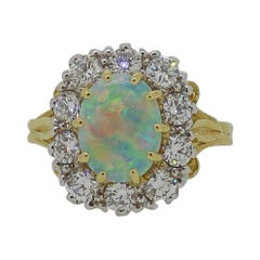 Oval Opal and Diamond Coronet Cluster Ring 18 Karat Yellow and White Gold