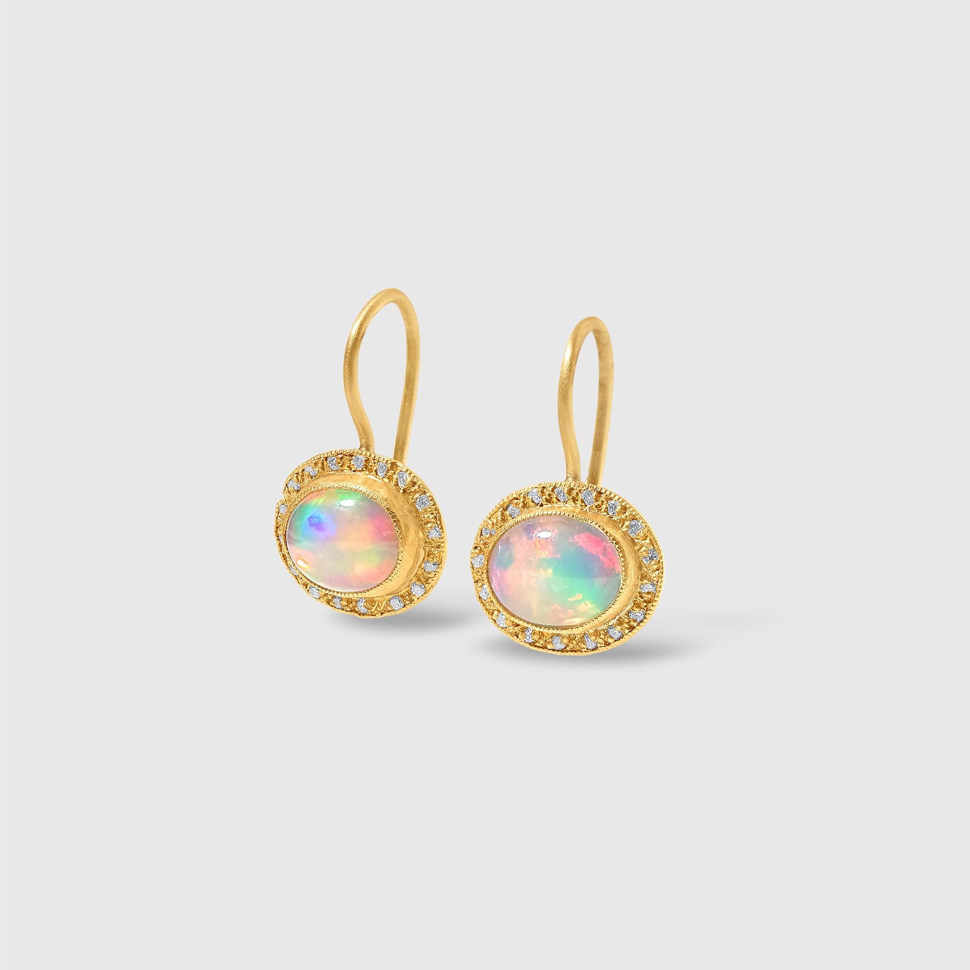 Oval, Opal Drop Earrings with Diamond Framing in 24kt Gold by Prehistoric Works of Istanbul, Turkey. Measurements: Total Length, 20mm (.8