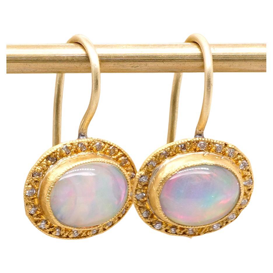 Oval Cut Oval, Opal and Diamond Drop Earrings, 24kt Solid Gold