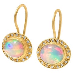 Oval, Opal and Diamond Drop Earrings, 24kt Solid Gold