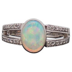 Oval Opal and Diamond Ring 18 Karat White Gold