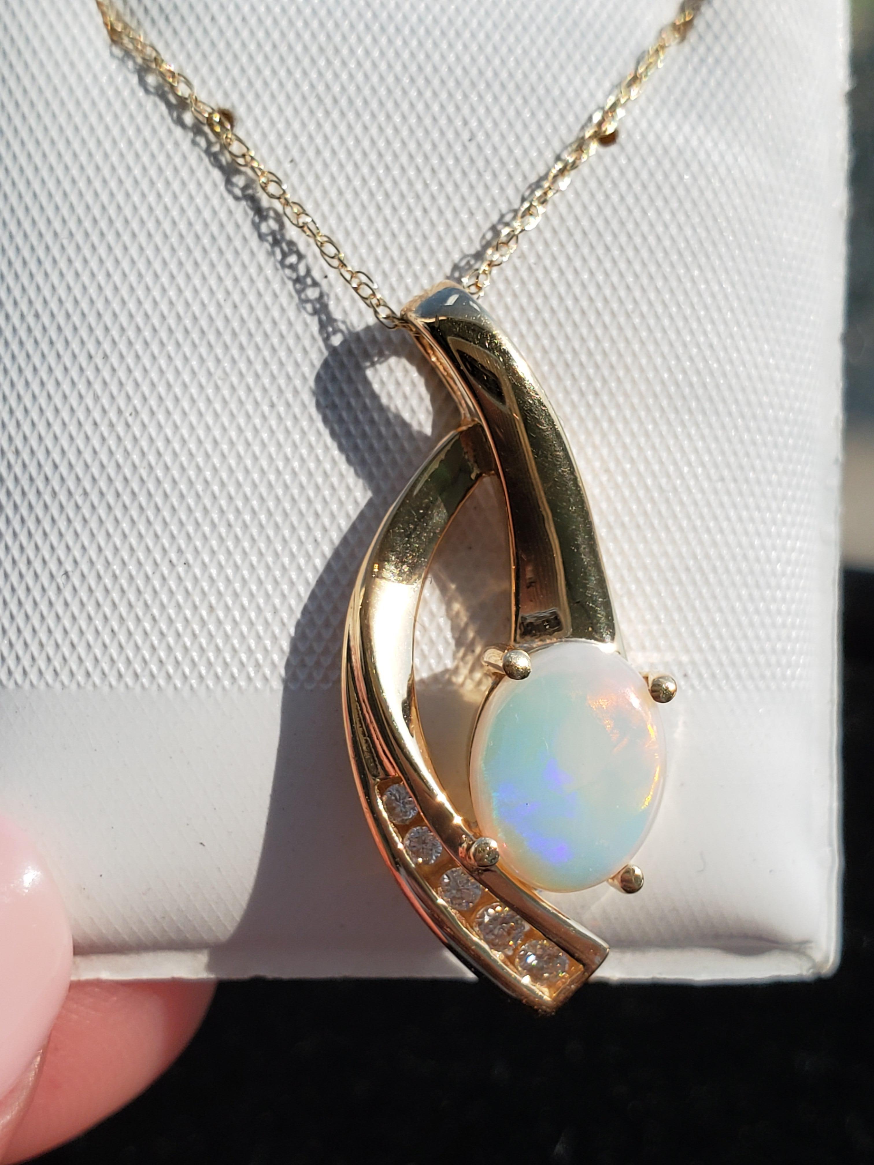 Oval Cut Oval Opal Diamond Necklace 14k Yellow Gold For Sale