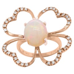 Oval Opal Diamond Set Exotic Flower Shaped 14K Rose Gold Fashion Ring