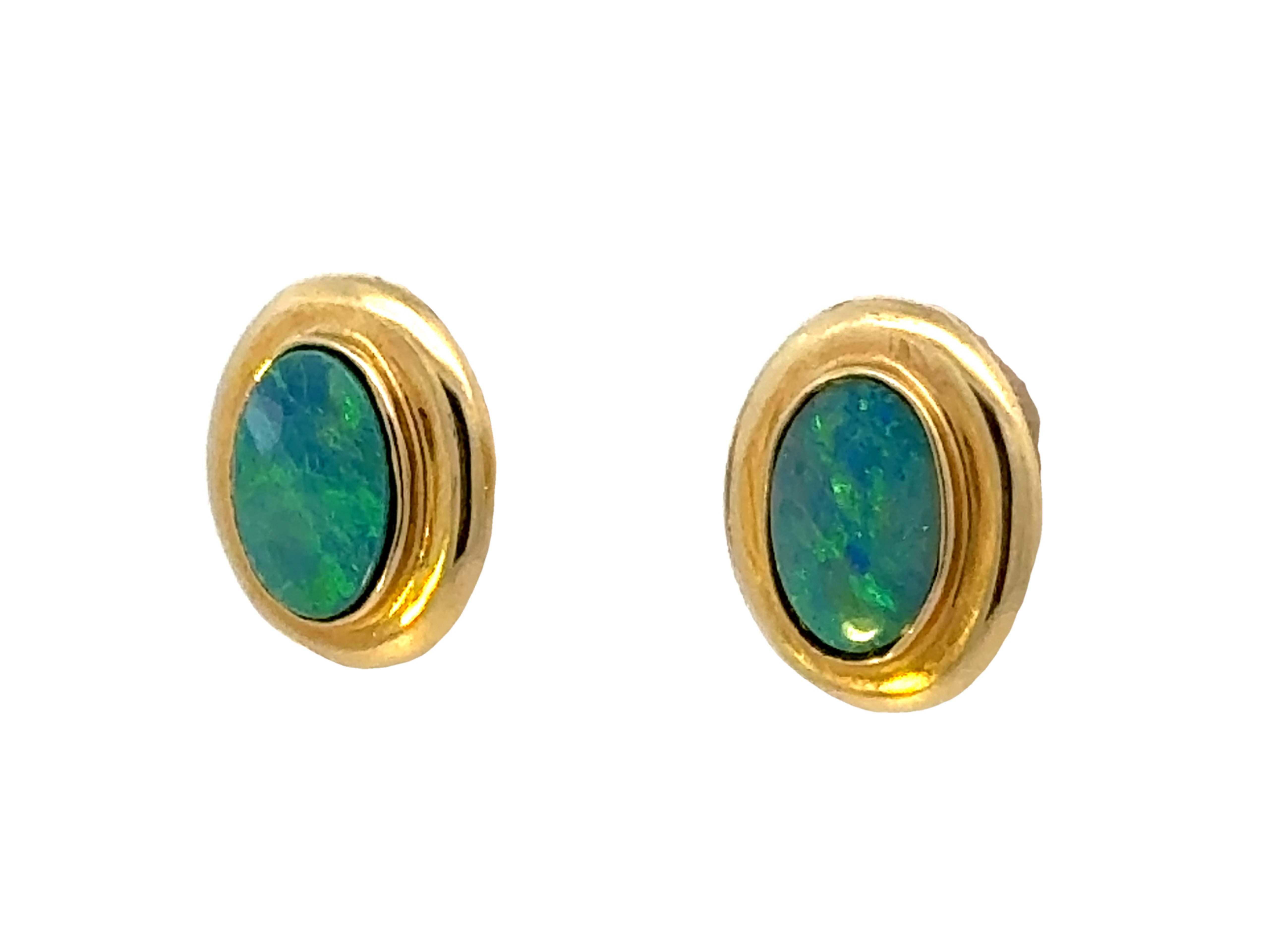 Oval Cut Oval Opal Dublet Earrings 14K Yellow Gold For Sale