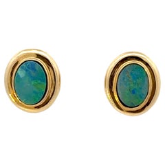 Retro Oval Opal Dublet Earrings 14K Yellow Gold