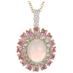 Oval Opal, Green, Pink and Orange Sapphire, Diamond Pendant Halo 14 Karat Gold