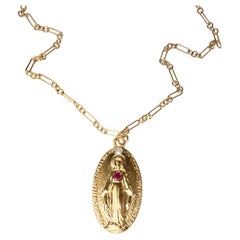 Oval Opal Miraculous Medal Red Ruby Gold Chain Pendant