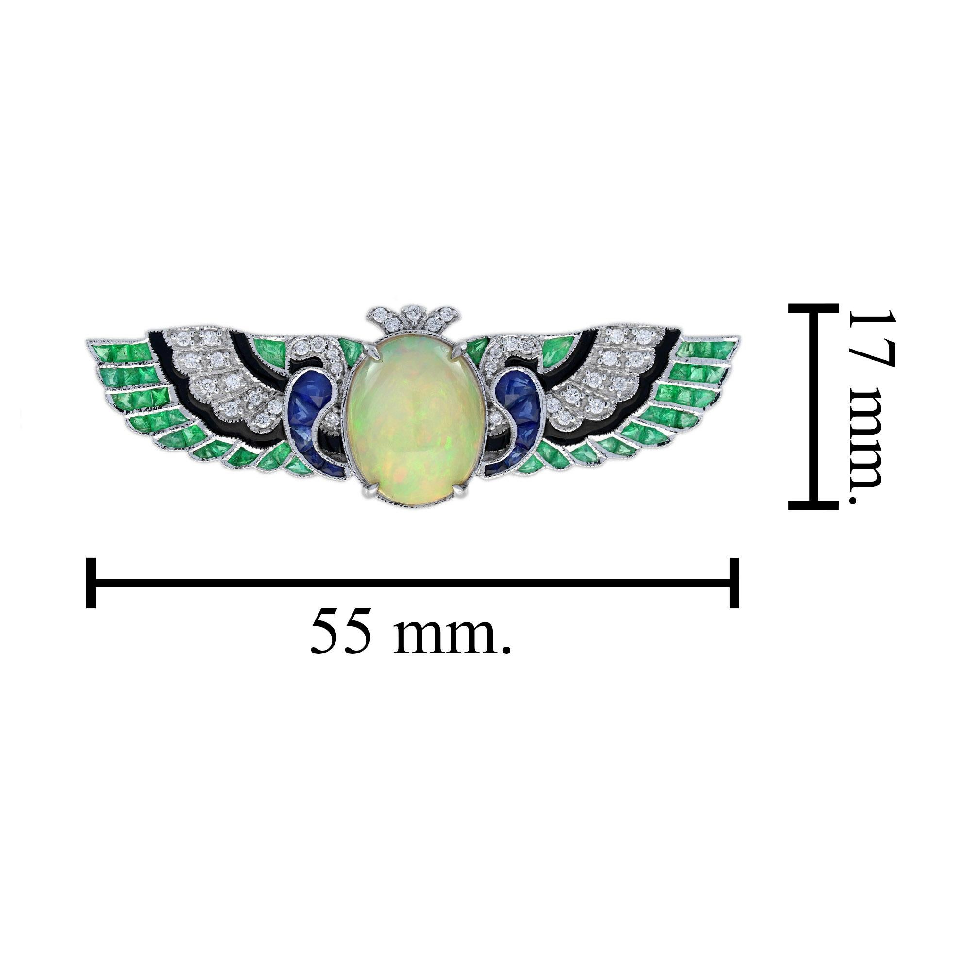Oval Opal & Multi Edelstein antiken Stil Engelsflügel 18K Weißgold Pin Brosche im Angebot 1