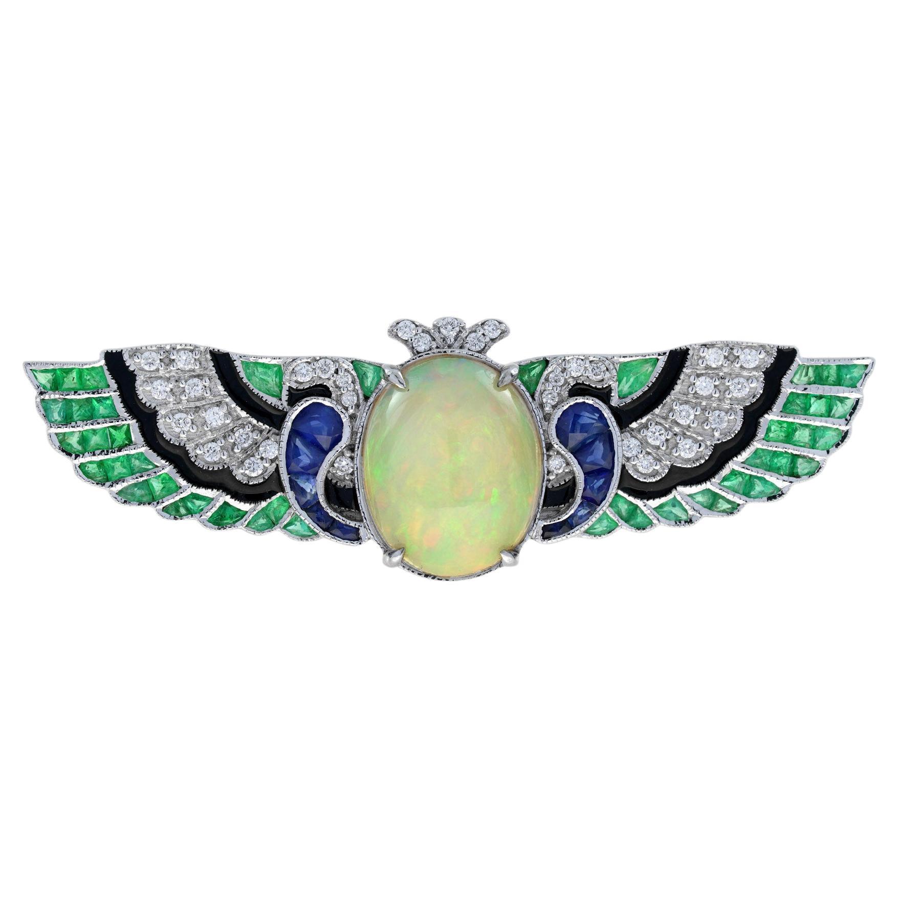 Oval Opal & Multi Edelstein antiken Stil Engelsflügel 18K Weißgold Pin Brosche im Angebot