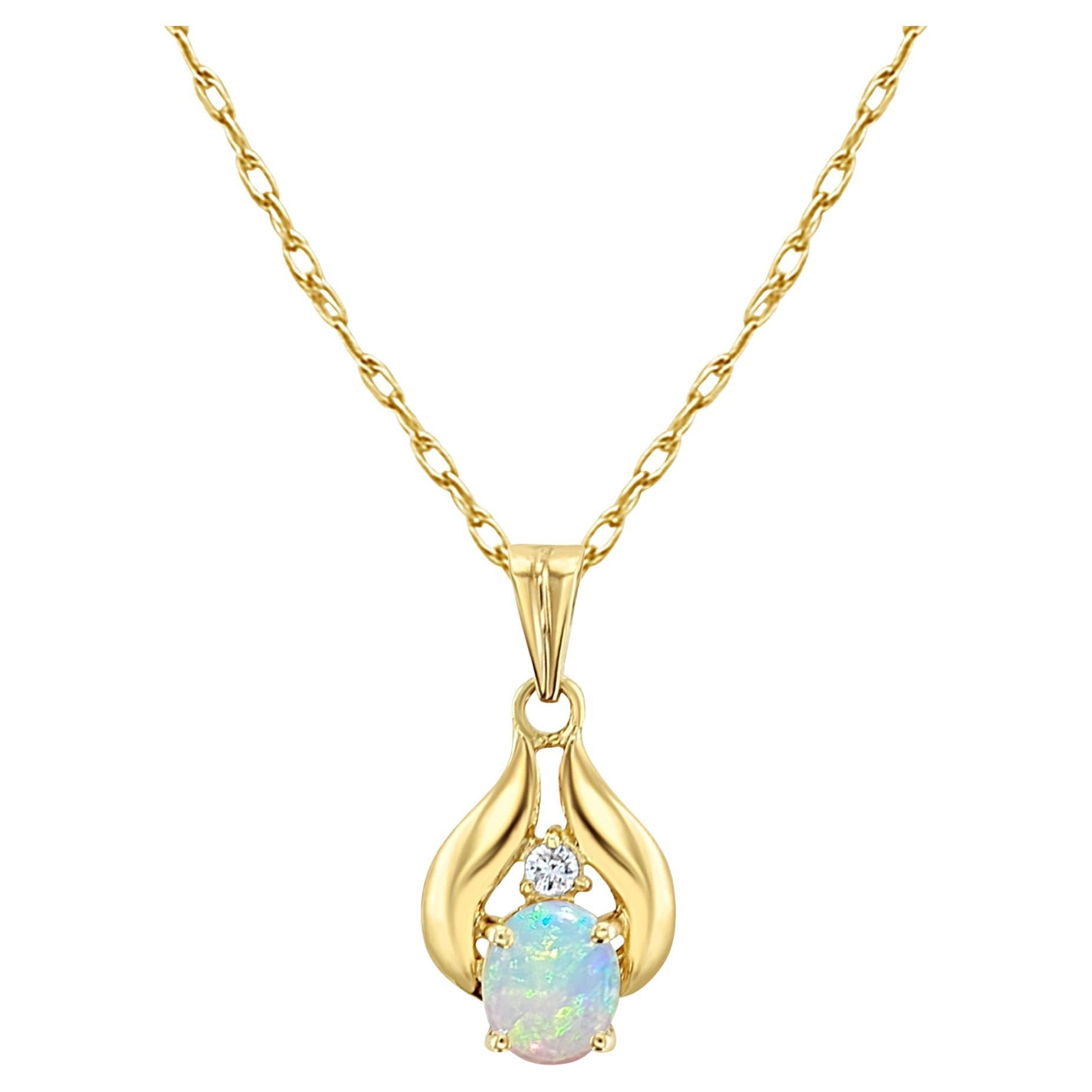 Oval Opal Necklace with Diamond Accents 14k Yellow Gold