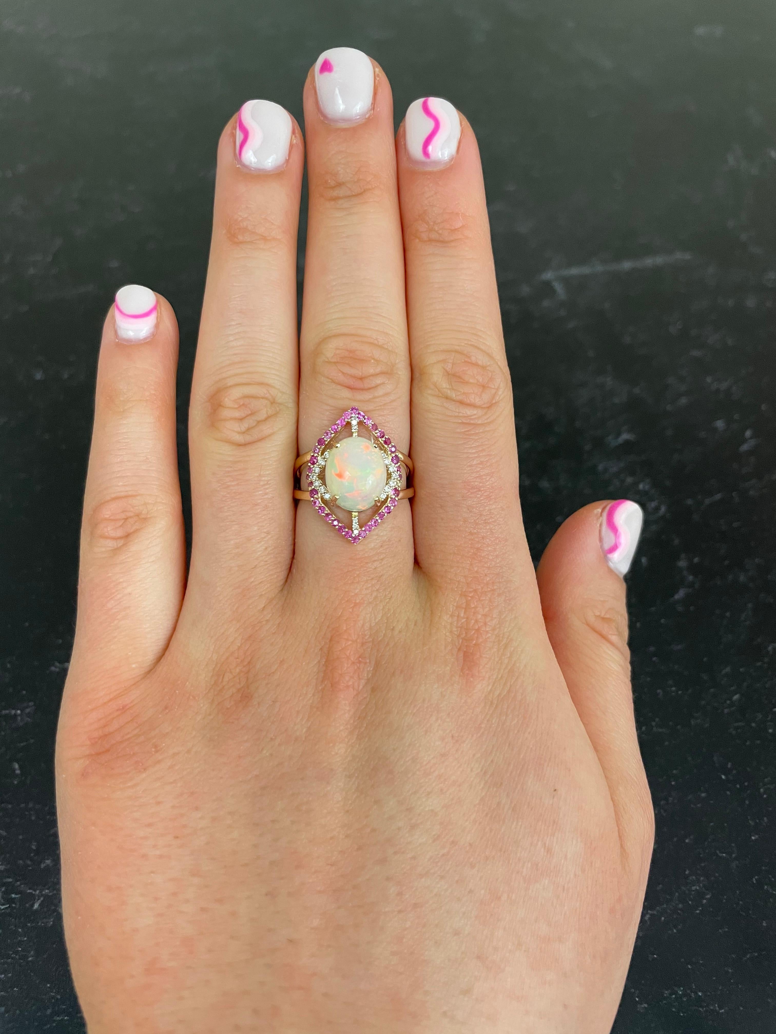Contemporary Oval Opal Pink Sapphire White Diamond Art Deco Style Ring 14 Karat Yellow Gold