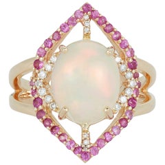 Oval Opal Pink Sapphire White Diamond Art Deco Style Ring 14 Karat Yellow Gold