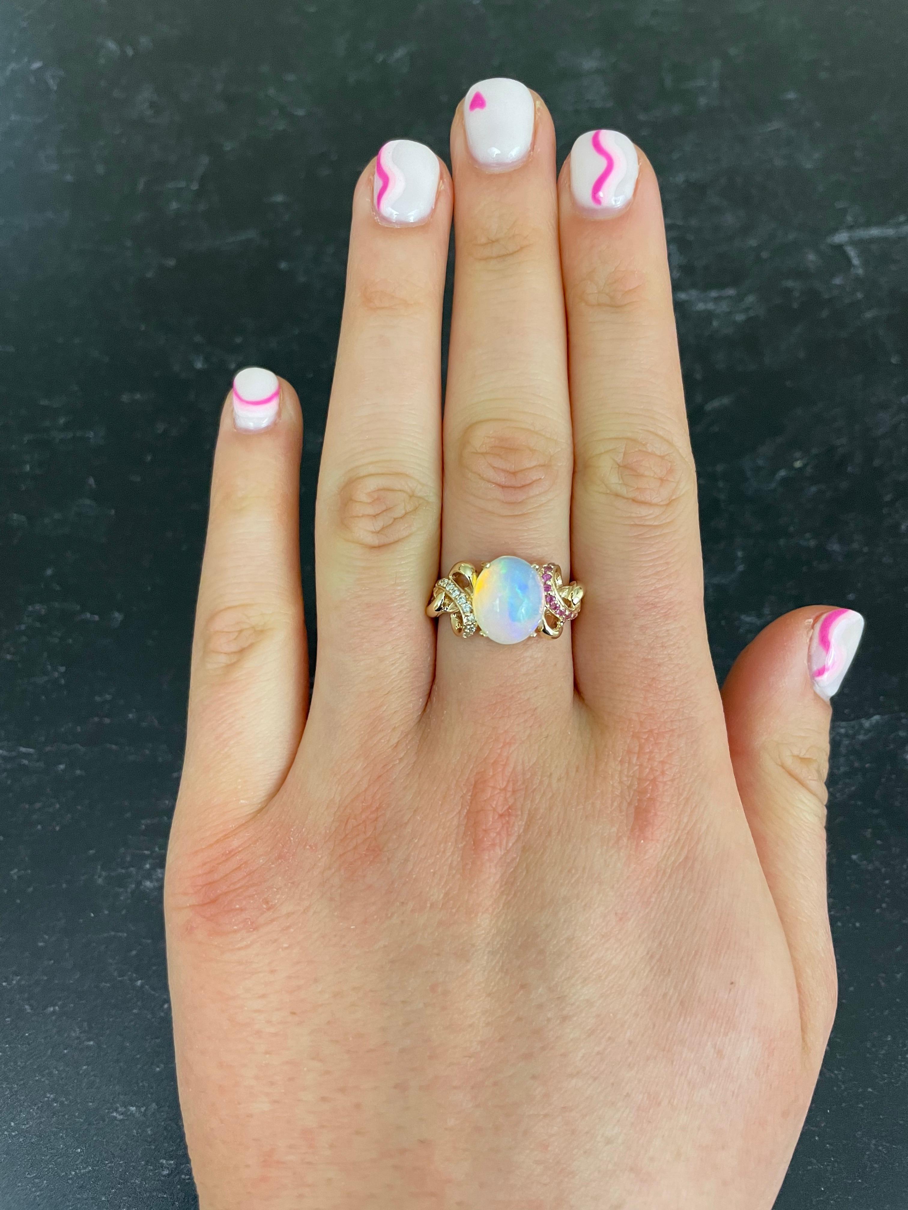 Contemporary Oval Opal Pink Sapphire White Diamond Fashion Swirl Ring 14 Karat Yellow Gold For Sale