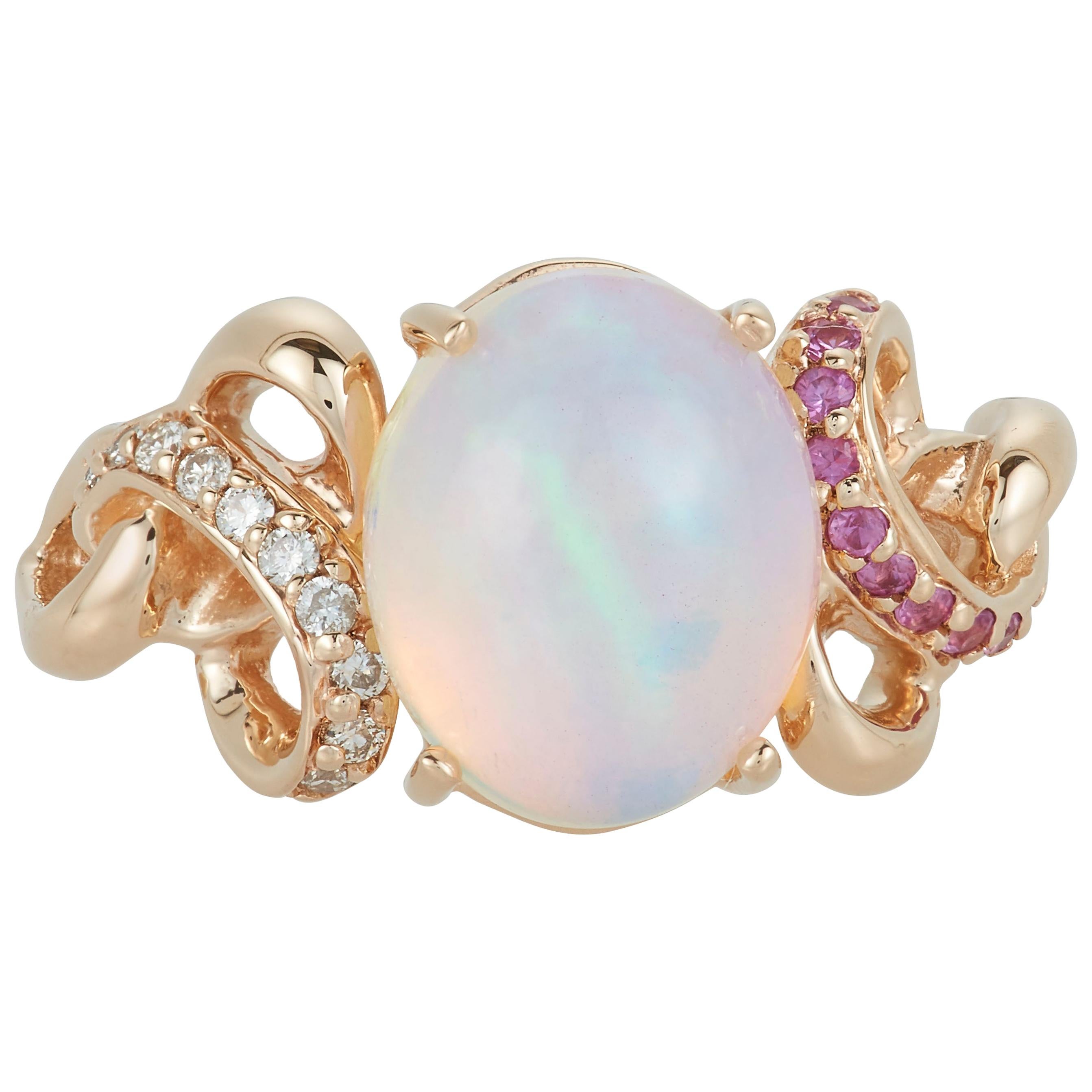 Oval Opal Pink Sapphire White Diamond Fashion Swirl Ring 14 Karat Yellow Gold For Sale