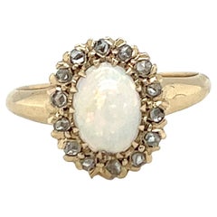 Oval Opal & Rose Cut Diamond Halo Ring in 14K Yellow Gold 