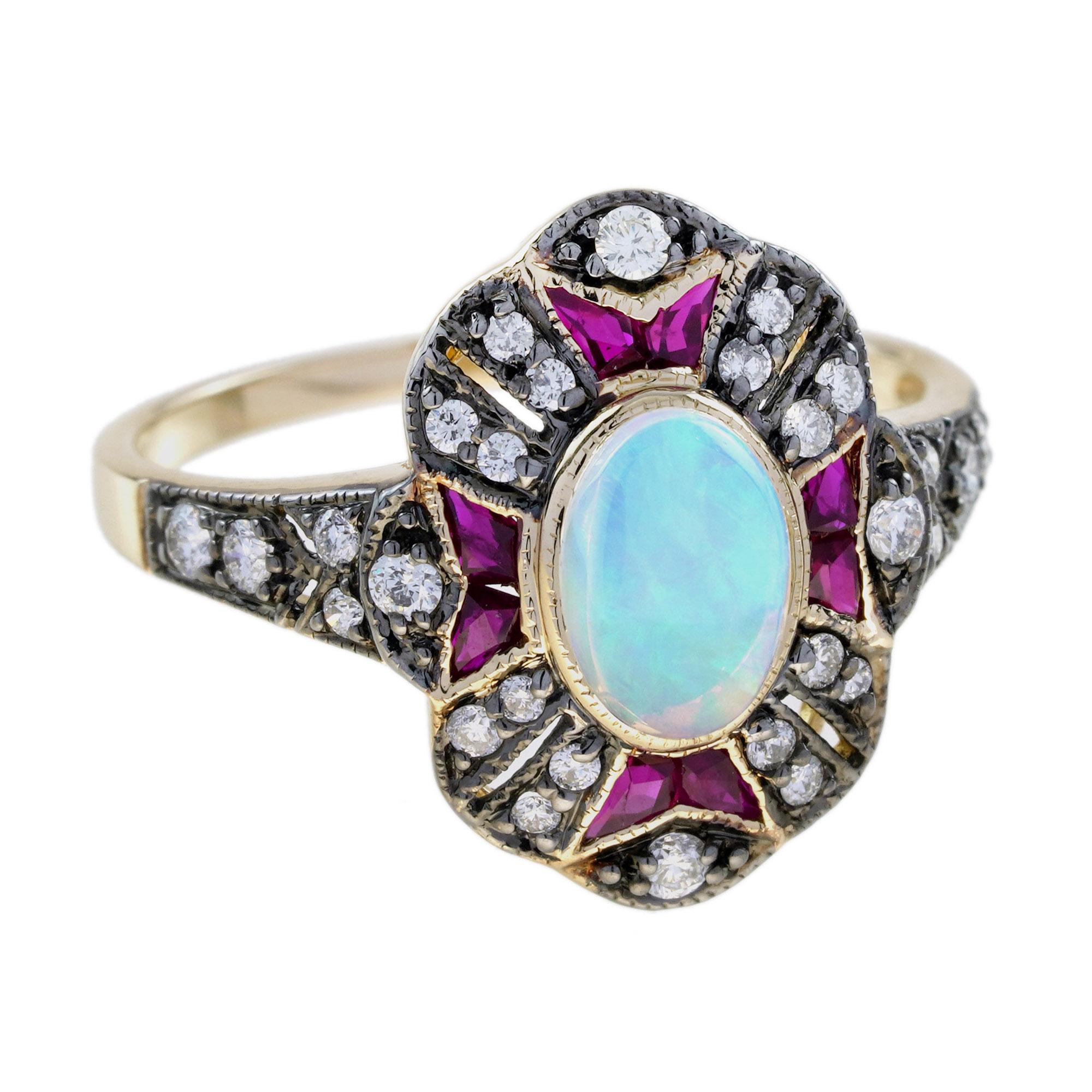 Entrez dans un monde d'élégance vintage avec notre exquise bague de style art déco en or jaune, ornée d'opales, de rubis et de diamants. Au cœur de cette superbe pièce se trouve une captivante opale ovale, connue pour son jeu de couleurs irisées qui